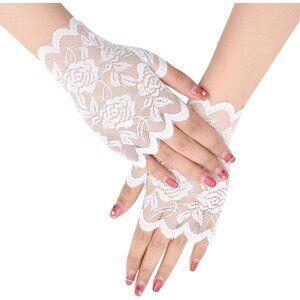 Women's Short St123-White Lace Open Half Finger Gloves Wedding Party Prom